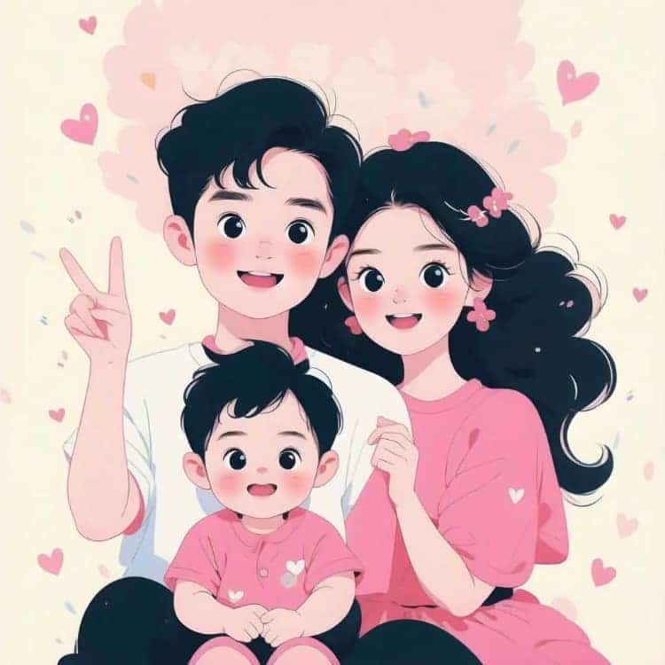 一家三口唯美温馨旧漫风AI亲子微信头像_6