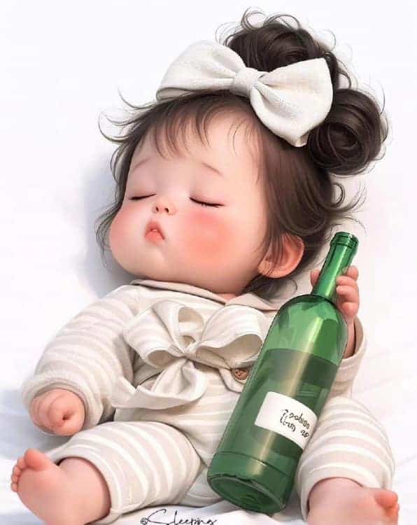 蝴蝶结小女孩抱着酒瓶微醺AI可爱卡通头像_12