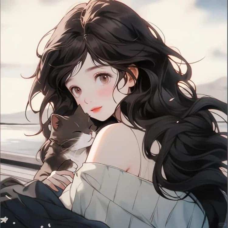 AI二次元温柔又惊艳的女生抱猫动漫头像_4
