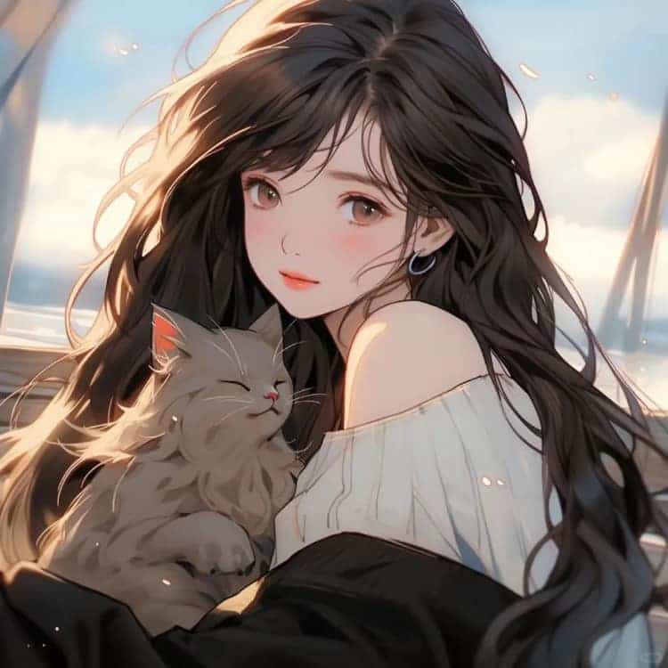 AI二次元温柔又惊艳的女生抱猫动漫头像_5
