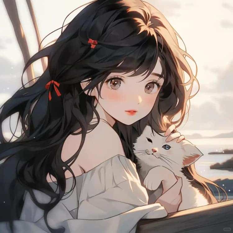 AI二次元温柔又惊艳的女生抱猫动漫头像_9