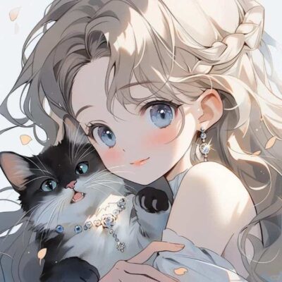 AI二次元温柔又惊艳的女生抱猫动漫头像