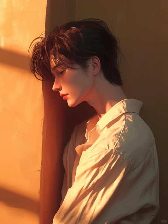 失恋后的男生伤感侧脸头像 AI干净白衬衫氛围感男头_7