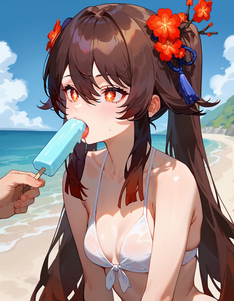 Ai生成《原神》胡桃泳装吃雪糕图片_1
