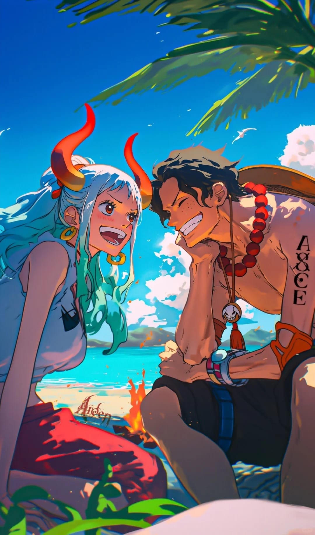 《海贼王》大和路飞海边合影图片_1
