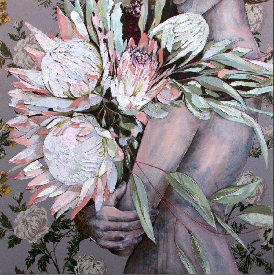 一个女人抱着一束花的图片,Jessica Watts 《Vallflower》花束油画图片_3