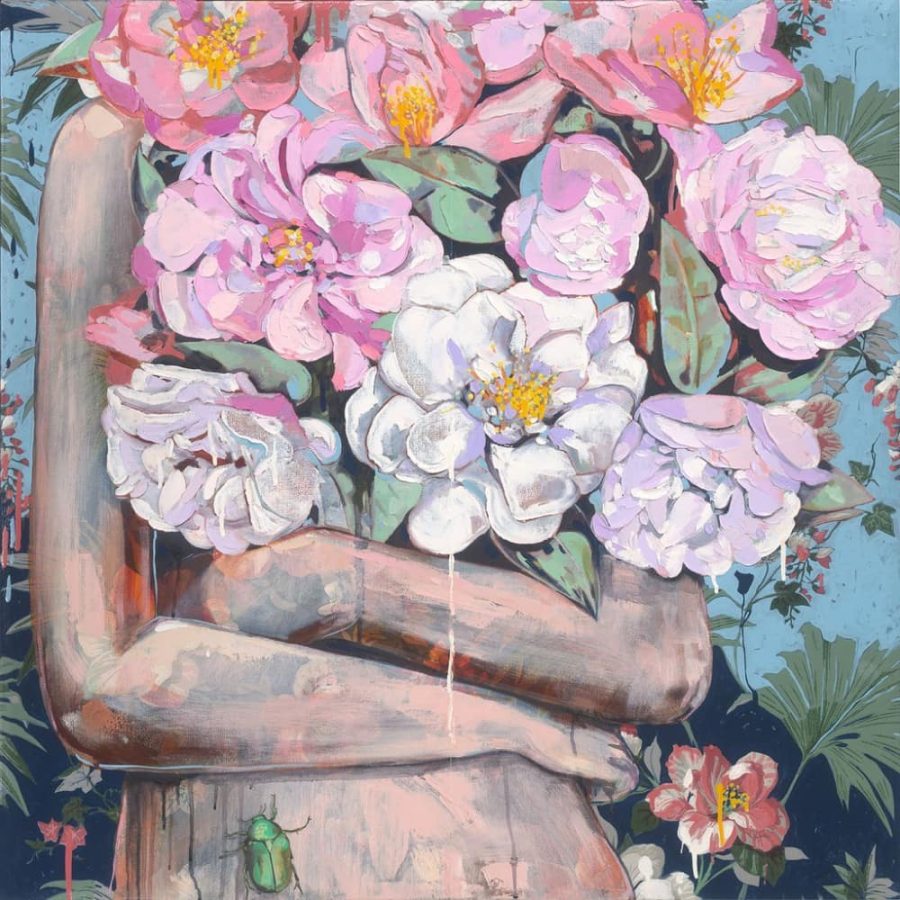 一个女人抱着一束花的图片,Jessica Watts 《Vallflower》花束油画图片_4