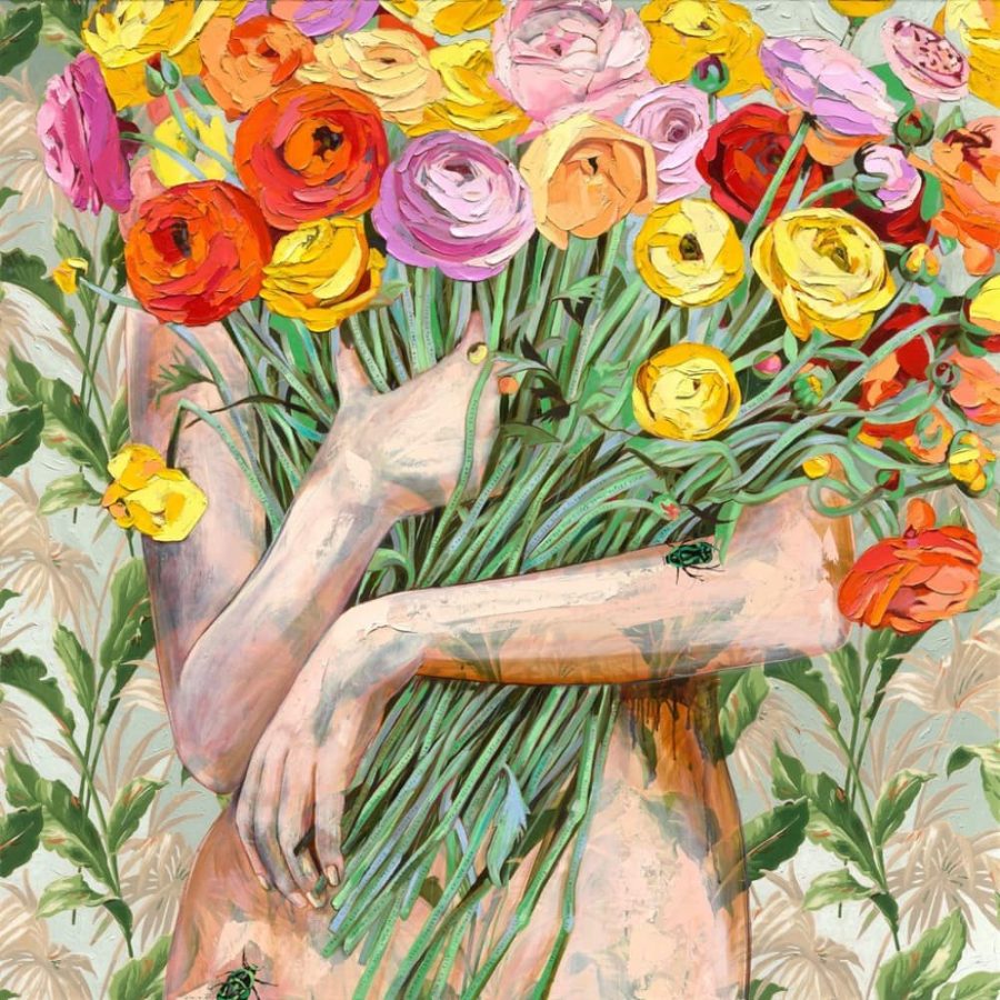 一个女人抱着一束花的图片,Jessica Watts 《Vallflower》花束油画图片_7