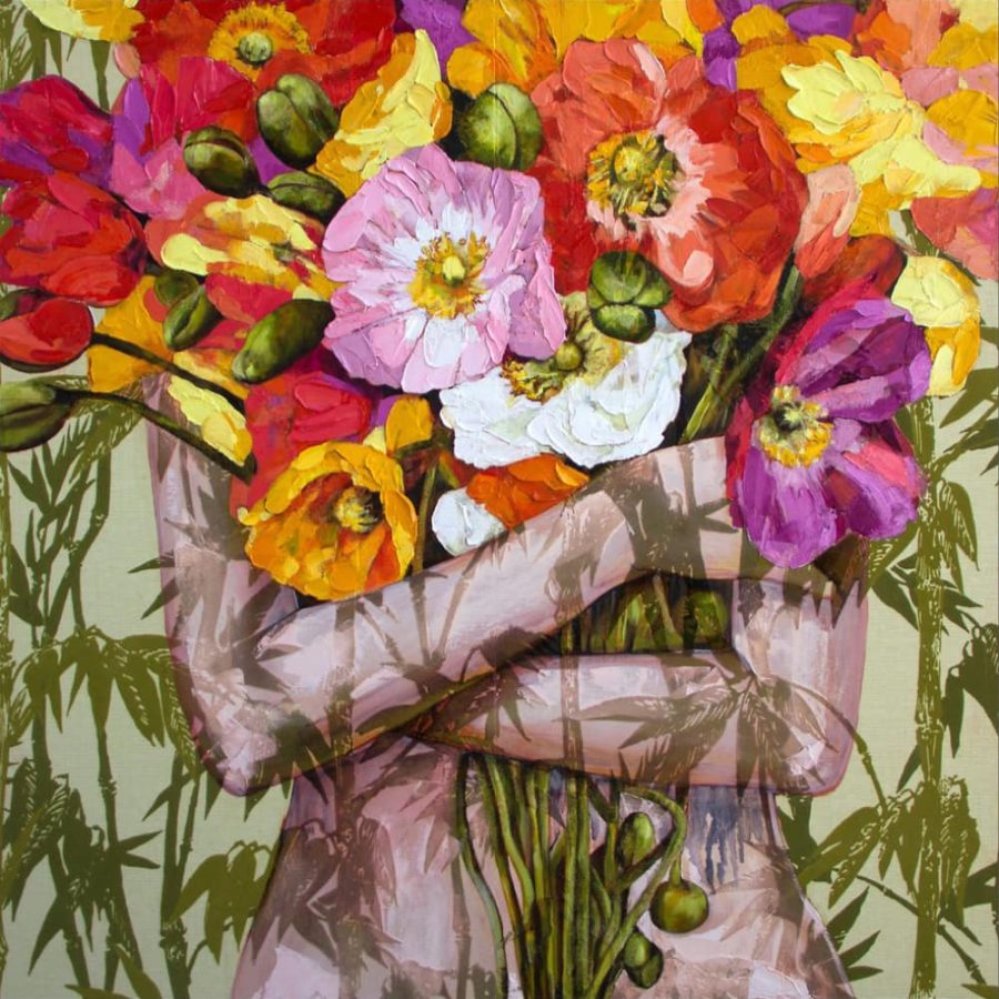 一个女人抱着一束花的图片,Jessica Watts 《Vallflower》花束油画图片_8