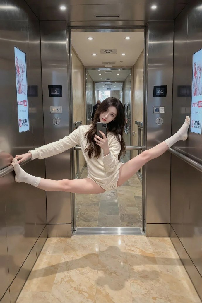 美女电梯一字马图片,一字马的时候唇瓣是打开的吗?_1